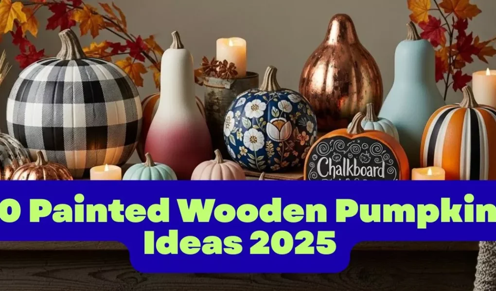 Painted wooden pumpkins in various designs—buffalo plaid, floral, pastel, ombre, striped—grouped together on a rustic fall table.