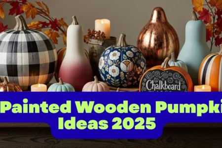 Painted wooden pumpkins in various designs—buffalo plaid, floral, pastel, ombre, striped—grouped together on a rustic fall table.