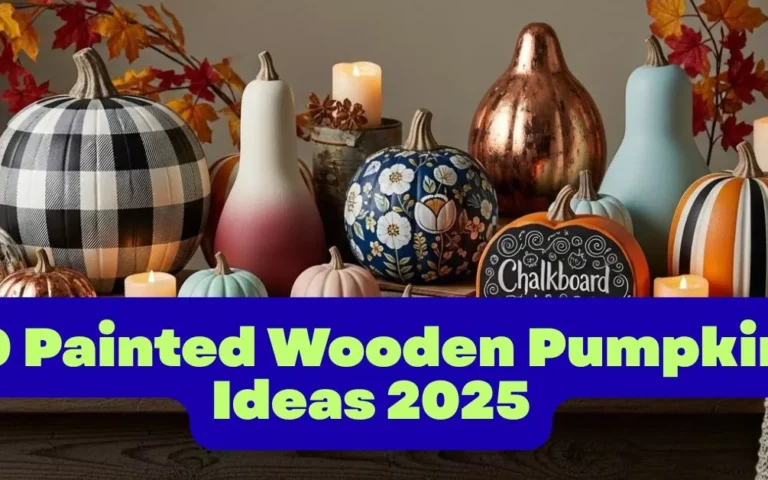 Painted wooden pumpkins in various designs—buffalo plaid, floral, pastel, ombre, striped—grouped together on a rustic fall table.