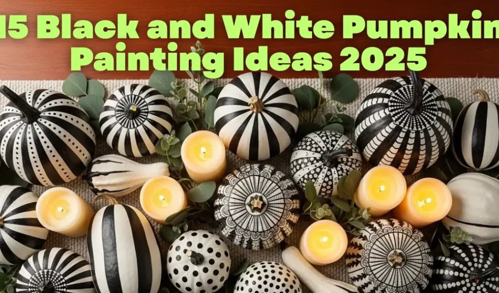 Black and white painted pumpkins arranged in artistic group with modern chic fall decor.