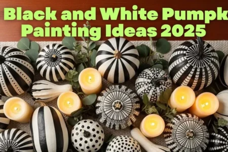 Black and white painted pumpkins arranged in artistic group with modern chic fall decor.