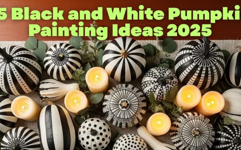 Black and white painted pumpkins arranged in artistic group with modern chic fall decor.