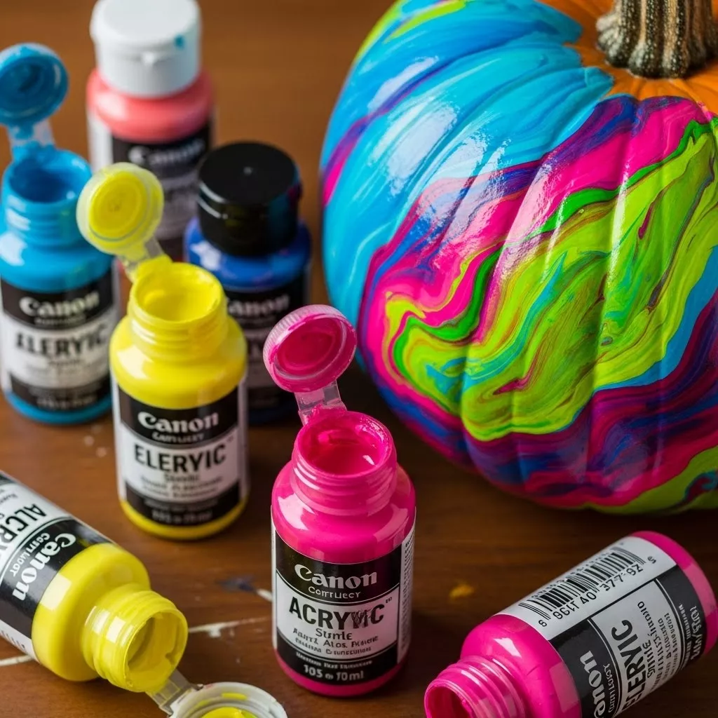 A close-up of acrylic paint bottles with painted pumpkins on them that show bright colors
