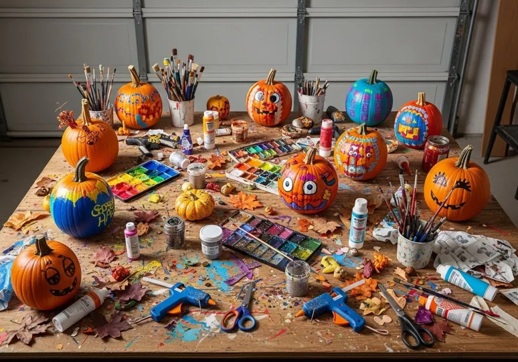 A bunch of acrylic paint bottles and brushes on a craft table with pumpkins