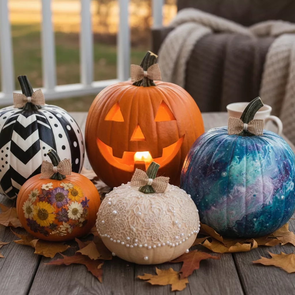 Several decorated pumpkins with different patterns and design techniques